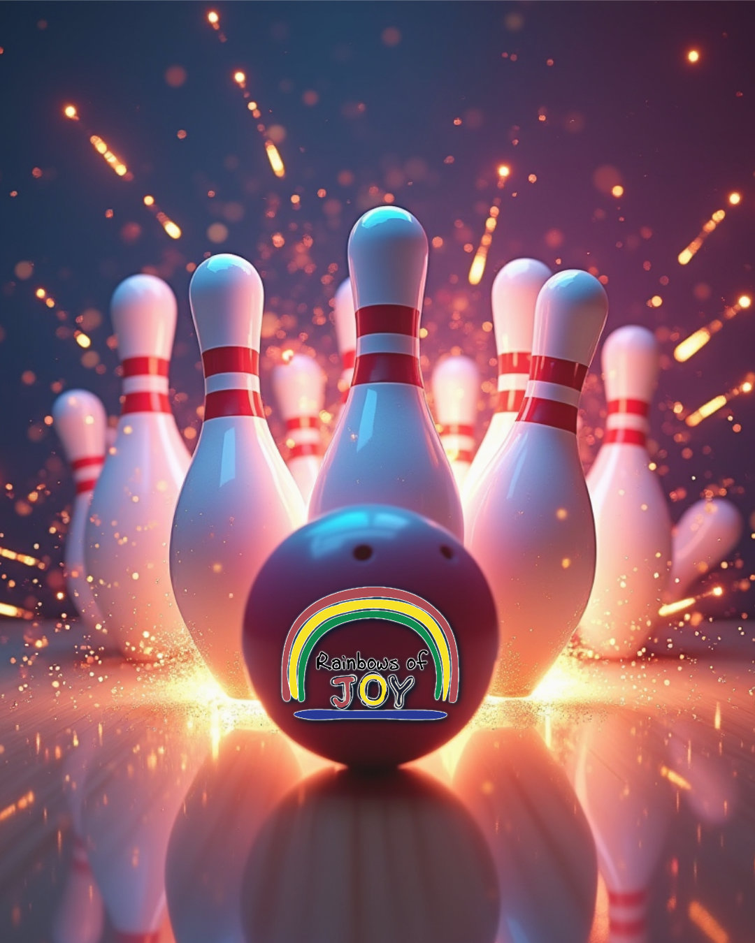 Rainbows of Joy bowling pins and ball with golden sparks