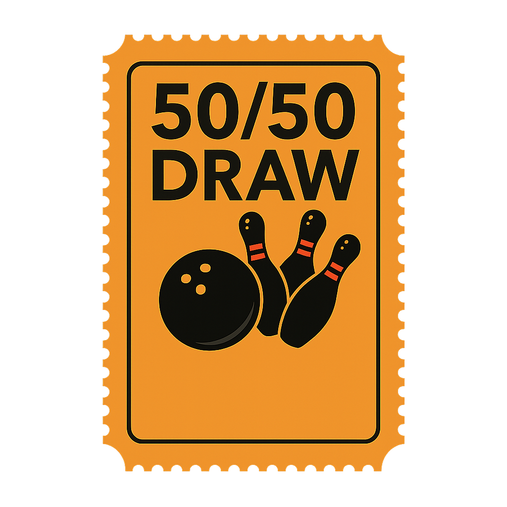 Icon for 50/50 Draw Ticket with bowling pins and ball.